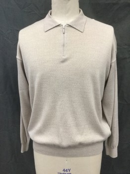 Mens, Pullover Sweater, MARCELLO, Oatmeal Brown, Wool, Acrylic, Heathered, XL, 1/2 Zip Front, Ribbed Knit Collar Attached, Ribbed Knit Waistband/Cuff