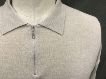 Mens, Pullover Sweater, MARCELLO, Oatmeal Brown, Wool, Acrylic, Heathered, XL, 1/2 Zip Front, Ribbed Knit Collar Attached, Ribbed Knit Waistband/Cuff