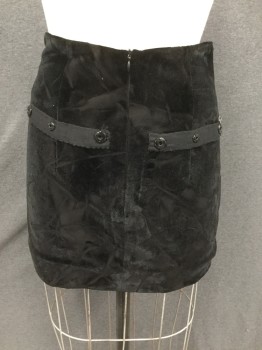 N/L, Black, Gray, Crushed Velvet Mini Skirt, Zip Back, Gray Mesh Tattered Web-like Detail, Snaps Across Back