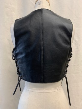 Womens, Vest, POSE, Black, Faux Leather, Solid, S, Cropped, Lace Up Sides, Center Front Grommet Detail
