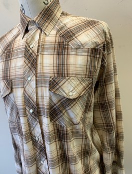 ROPER, Beige, Brown, White, Black, Poly/Cotton, Plaid, Long Sleeves, Snap Front, Collar Attached, Western Style Pointed Yoke, 2 Pockets with Flaps and 1 Snap Closure