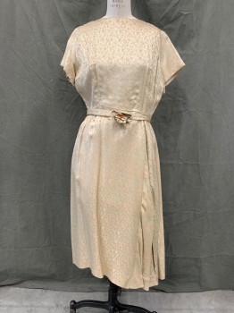 N/L, Almond, Pink, Silk, Floral, Paisley/Swirls, Jacquard, Short Sleeves, Zip Back, Long, Pleated Skirt at Left Side, Self Belt with Bow,