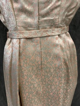 N/L, Almond, Pink, Silk, Floral, Paisley/Swirls, Jacquard, Short Sleeves, Zip Back, Long, Pleated Skirt at Left Side, Self Belt with Bow,