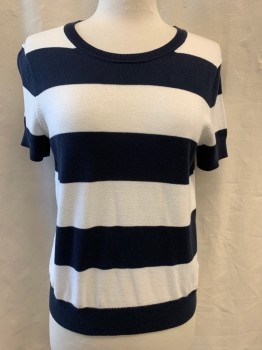 Womens, Top, BROOK BROTHERS, White, Navy Blue, Cotton, Stripes - Horizontal , S, Crew Neck, Short Sleeves