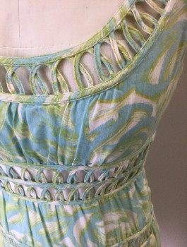 CYNTHIA STEFFE, Aqua Blue, Lt Green, White, Cotton, Abstract , Scoop Neck, Cap Sleeves, Open-work Detail at Neck, Sleeve, High Waist and Skirt Tiers, Below Knee, Side Zip, Fully Lined Summer, Tea