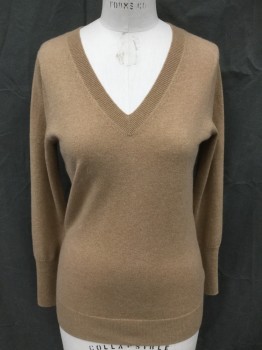 Womens, Pullover, J. CREW, Camel Brown, Cashmere, Solid, S, Ribbed Knit V-neck, Long Sleeves, Extended Ribbed Cuff, Ribbed Waistband