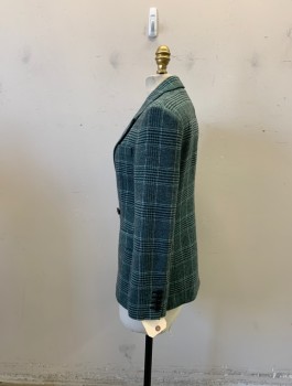 Womens, Blazer, Maje, Turquoise Blue, Black, White, Acrylic, Polyester, Plaid, Small, Double Breasted, Button Front,