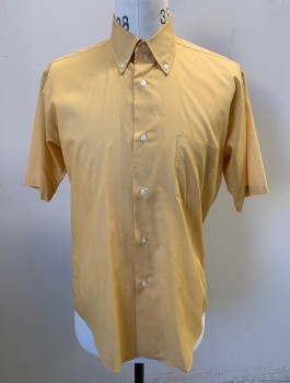 TRUVAL, Mustard Yellow, Polyester, Cotton, Solid, Button Front, Button Down Collar, Short Sleeves, 1 Pocket,
