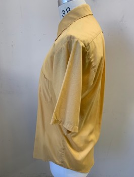 TRUVAL, Mustard Yellow, Polyester, Cotton, Solid, Button Front, Button Down Collar, Short Sleeves, 1 Pocket,