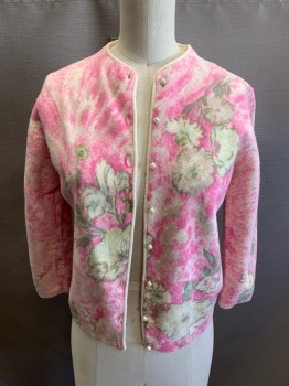 Womens, Sweater, DARLENE, Pink, Cream, Wool, Floral, B 32 , Pearl Buttons, Seems Like Someone Washed It - It's A Little Felted