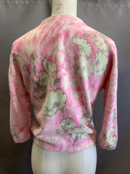 Womens, Sweater, DARLENE, Pink, Cream, Wool, Floral, B 32 , Pearl Buttons, Seems Like Someone Washed It - It's A Little Felted