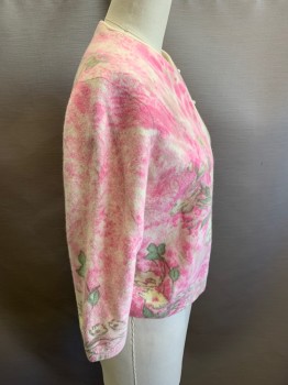 DARLENE, Pink, Cream, Wool, Floral, Pearl Buttons, Seems Like Someone Washed It - It's A Little Felted