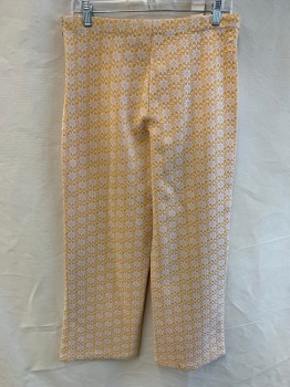 Womens, 1960s Vintage, Piece 2, NL, Goldenrod Yellow, White, Synthetic, Floral, Geometric, H35, W31, Pants, Side Zipper, Hook N Eye Closure, Cropped Length