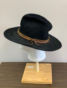 Mens, Historical Fiction Hat , AMERICAN HAT CO, Black, Tan Brown, Wool, Leather, Solid, 7 3/4, Felt, Western Fedora, Leather Head Band, Distressed