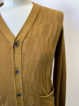 Mens, Cardigan Sweater, DIESEL, Ochre Brown-Yellow, Wool, Solid, L, L/S, V Neck, Button Front, Top Pockets