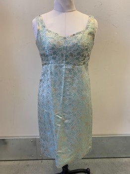 Womens, 1960s Vintage, Piece 1, NO LABEL, Ice Blue, Gold, Turquoise Blue, Polyester, Brocade, W32, B34, H38, Sleeveless, V Neckline with Beaded and Gem Detailing, Back Zipper, MTO