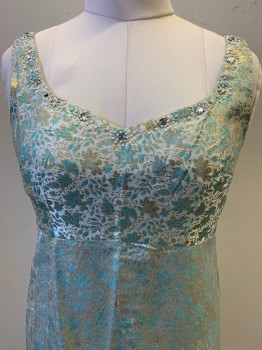 Womens, 1960s Vintage, Piece 1, NO LABEL, Ice Blue, Gold, Turquoise Blue, Polyester, Brocade, W32, B34, H38, Sleeveless, V Neckline with Beaded and Gem Detailing, Back Zipper, MTO