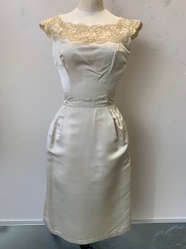 Ida Mae, Champagne, Silk, Solid, Cap Sleeves, Boat Neck, Lace Neck Trim, Pleated Sides, Detachable Back Tail, Back Zipper,