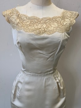 Ida Mae, Champagne, Silk, Solid, Cap Sleeves, Boat Neck, Lace Neck Trim, Pleated Sides, Detachable Back Tail, Back Zipper,