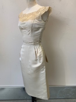 Womens, Evening Gown, Ida Mae, Champagne, Silk, Solid, W22, B34, H34, Cap Sleeves, Boat Neck, Lace Neck Trim, Pleated Sides, Detachable Back Tail, Back Zipper,