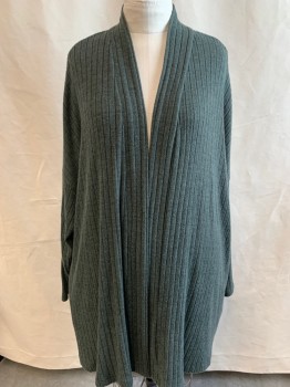 Womens, Cardigan Sweater, ERI + ALI, Moss Green, Polyester, Rayon, Solid, 3X, Long Sleeve, Opened Front, Rib Knit, 2 Pockets at Sides