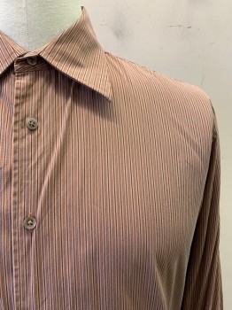 Mens, Casual Shirt, JOHN VARVATOS, Dk Orange, Beige, Brown, Gray, Cotton, Stripes - Vertical , L, L/S, Button Front, Collar Attached,