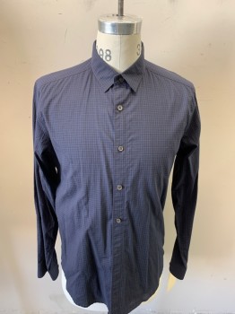 Mens, Casual Shirt, THEORY, Brown, Navy Blue, Cotton, Plaid-  Windowpane, M, Collar Attached, Button Front,