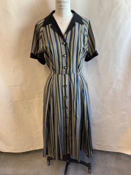 MTO, Black, Blue, Antique Gold Metallic, Lt Blue, Gray, Silk, Stripes, V-neck, Black Collar Attached, Button Front, Black Cuffed Short Sleeves, 6 Black and Gray Covered Buttons, 3 Black Plastic Buttons