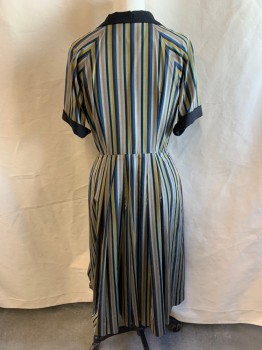 Womens, Dress, MTO, Black, Blue, Antique Gold Metallic, Lt Blue, Gray, Silk, Stripes, W28, B36, V-neck, Black Collar Attached, Button Front, Black Cuffed Short Sleeves, 6 Black and Gray Covered Buttons, 3 Black Plastic Buttons