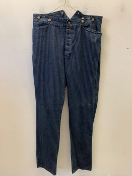 Mens, Historical Fiction Pants, NL, Blue, Sand, Cotton, Stripes - Pin, 36, 38, Button Front, 4 Buttons on Front Waist, Adjustment Strap on Back, 4 Pockets,