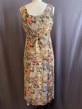 Womens, Dress, ROBBIE BEE, Beige, Multi-color, Rayon, Floral, B36, Slvls, Slight Square Neck, Button Front, Tie at Waist, Black BG, Brown, Blue, Coral Pink, and Lavender Colors