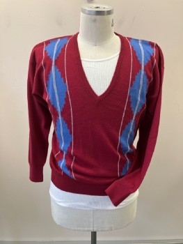 MINVATS, Red Burgundy, Cerulean Blue, White, Wool, Geometric, Stripes - Vertical , Pull On, Deep V-N, Patterned Vertical Stripes Front