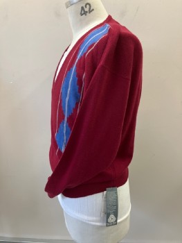 Mens, Sweater, MINVATS, Red Burgundy, Cerulean Blue, White, Wool, Geometric, Stripes - Vertical , W30, C42, Pull On, Deep V-N, Patterned Vertical Stripes Front