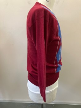Mens, Sweater, MINVATS, Red Burgundy, Cerulean Blue, White, Wool, Geometric, Stripes - Vertical , W30, C42, Pull On, Deep V-N, Patterned Vertical Stripes Front