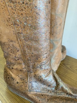Mens, Sci-Fi/Fantasy Boots , N/L, Tan Brown, Silver, Bronze Metallic, Leather, 10, Thigh Hi Back Zip, Missing Laces, Bronze/Silver Paint Splatter,