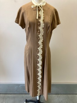 MINX MODES30, Lt Brown, Cotton, Solid, Round Collar With Cream Trim And Tie, S/S, B.F.,Embroidery Appliqué With Coverred  Btns, Side Scallloped  Edge Pkts