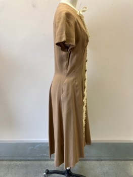 Womens, Dress, MINX MODES30, Lt Brown, Cotton, Solid, W28, B36 , Round Collar With Cream Trim And Tie, S/S, B.F.,Embroidery Appliqué With Coverred  Btns, Side Scallloped  Edge Pkts