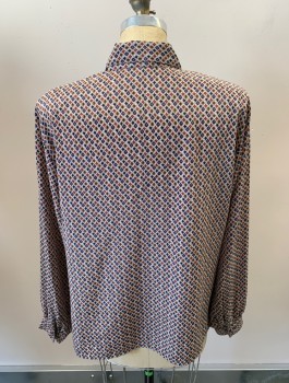 N/L, Taupe, Blue, Red, Goldenrod Yellow, Polyester, Diamonds, Geometric, C.A., B.F., Hidden Placket, Pleated Front At Yoke, L/S, Shoulder Pads