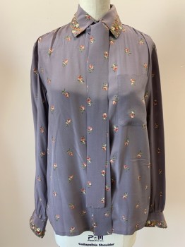 NO LABEL, Mauve Purple, Rose Pink, Olive Green, Brown, Silk, Floral, L/S, Button Front, Collar Attached, Chest Pocket, With Neck Tie