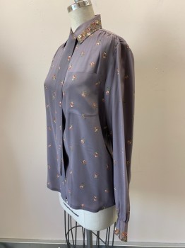 NO LABEL, Mauve Purple, Rose Pink, Olive Green, Brown, Silk, Floral, L/S, Button Front, Collar Attached, Chest Pocket, With Neck Tie
