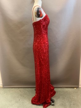 Womens, Evening Gown, XSCAPE, Red, Sequins, Polyester, Solid, B30, 2, W24, Scoop Neck, Spaghetti Straps, Back Zipper, Side Slit