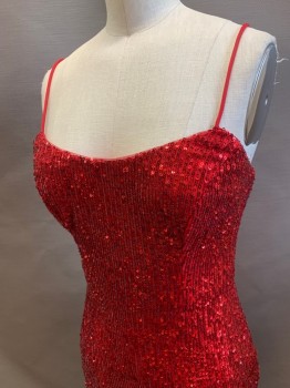 Womens, Evening Gown, XSCAPE, Red, Sequins, Polyester, Solid, B30, 2, W24, Scoop Neck, Spaghetti Straps, Back Zipper, Side Slit