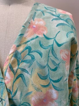 Unisex, Scrubs, Jacket Unisex, BARCO, Sea Foam Green, Peachy Pink, Multi-color, Poly/Cotton, Floral, 2XL, V-N, 2 Pckts, Snap Front, Light Yellow, Teal Green Leaves, Purple Accents