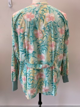 Unisex, Scrubs, Jacket Unisex, BARCO, Sea Foam Green, Peachy Pink, Multi-color, Poly/Cotton, Floral, 2XL, V-N, 2 Pckts, Snap Front, Light Yellow, Teal Green Leaves, Purple Accents