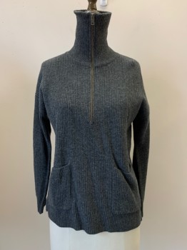 Womens, Pullover, MADEWELL, Charcoal Gray, Wool, Polyamide, Solid, XXS, L/S, Turtle Neck, Zip Front, Top Pockets,