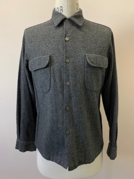 Mens, Casual Shirt, SPORTSMAN, Charcoal Gray, Gray, Wool, 2 Color Weave, M, L/S, Button Front, Collar Attached, Chest Pockets