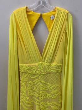 Womens, Jumpsuit, RUBBER DUCKY, Yellow, Polyester, Sequins, Leaves/Vines , L, Sleeveless, Low Cut V Neck, Long Sheer Arm Covers, Sequins Detail, Open Back, Back Zipper,