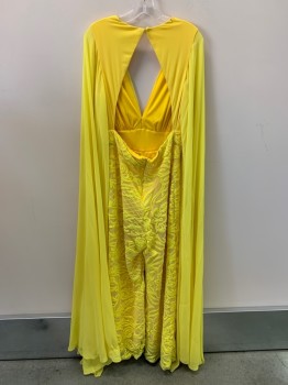 Womens, Jumpsuit, RUBBER DUCKY, Yellow, Polyester, Sequins, Leaves/Vines , L, Sleeveless, Low Cut V Neck, Long Sheer Arm Covers, Sequins Detail, Open Back, Back Zipper,