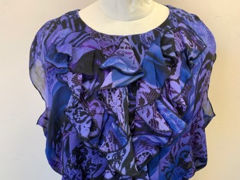 Womens, Dress, Sleeveless, SOHO, Purple, Violet Purple, Royal Purple, Black, Polyester, Abstract , Floral, 22W, Elastic Waist, Keyhole Center Back with Button, Ruffles at Neck