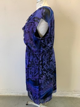 Womens, Dress, Sleeveless, SOHO, Purple, Violet Purple, Royal Purple, Black, Polyester, Abstract , Floral, 22W, Elastic Waist, Keyhole Center Back with Button, Ruffles at Neck